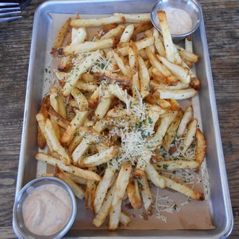 LSA Burger - Garlic Parmesan fries. - Cocktail Bars Near Me - Denton, Texas LSA Burger - Garlic Parmesan fries. - Cocktail Bars Near Me - Denton, Texas