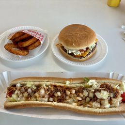 Foot long All the way, cheeseburger All the way and onion rings