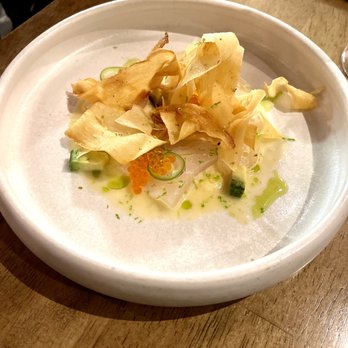 Seven Reasons - Halibut Tiradito Pineapple-lychee leche de tigre, orange zest, avocado, trout roe, yuca chips - Latin American Near Me - Washington, DC, District of Columbia Seven Reasons - Halibut Tiradito Pineapple-lychee leche de tigre, orange zest, avocado, trout roe, yuca chips - Latin American Near Me - Washington, DC, District of Columbia