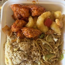 1/2 rice 1/2 noodles, honey walnut shrimp and dynamite sweet & sour chicken.