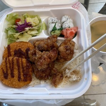 Tenkatori - 5-Piece Sweet and Sour Karaage Box (with 2 Croquettes, California Rolls, Salad, Miso Soup) - I ate most of a piece already! - Gluten-Free Near Me - Costa Mesa, California Tenkatori - 5-Piece Sweet and Sour Karaage Box (with 2 Croquettes, California Rolls, Salad, Miso Soup) - I ate most of a piece already! - Gluten-Free Near Me - Costa Mesa, California