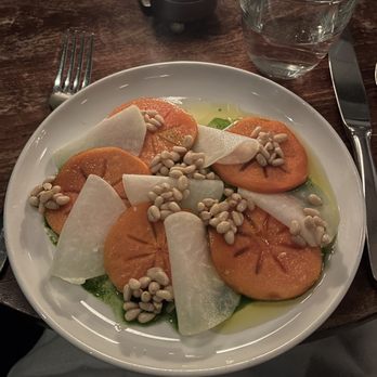 Estela - Persimmon with kohlrabi and pine nuts - New American Near Me - New York, New York Estela - Persimmon with kohlrabi and pine nuts - New American Near Me - New York, New York