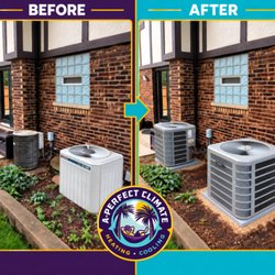 A Perfect Climate - Before and after of an HVAC upgrade: old outdoor AC units were replaced with clean, modern high-efficiency condensers for a more professiona