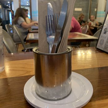 Treylor Park - Cute silverware in a tin cup. So fitting - New American Near Me - Savannah, Georgia