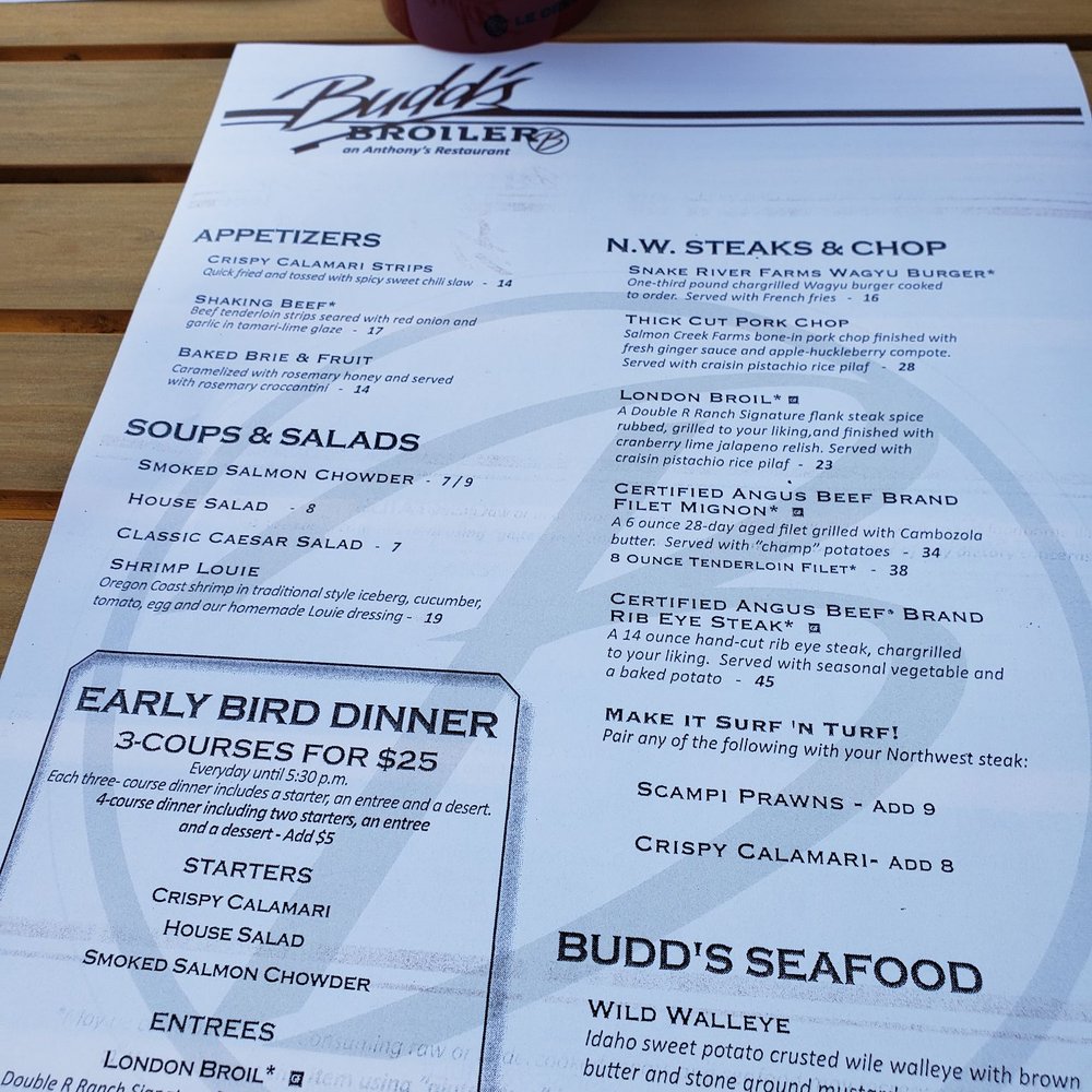 Budd's Broiler - Dinner menu. - Steakhouses Near Me - Richland, Washington Budd's Broiler - Dinner menu. - Steakhouses Near Me - Richland, Washington