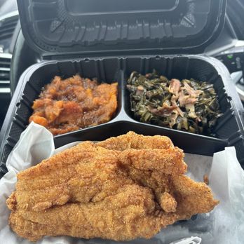 Pow Restaurant - Cajun fried platter with catfish, yams and collard greens - Breakfast & Brunch Near Me - Miami Gardens, Florida