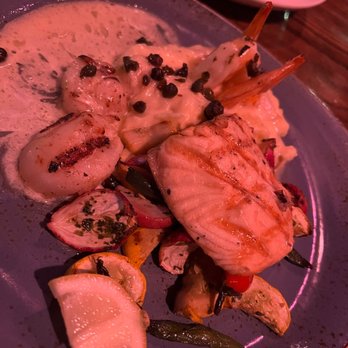 Clinkerdagger - salmon, shrimp, and scallops with roasted veggies and mashed potatoes - Seafood Near Me - Spokane, Washington