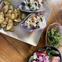 Fish tacos, edamame, spinach salad
