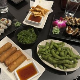 Egg rolls, crab Rangoon, edamame, spicy tuna roll Egg rolls, crab Rangoon, edamame, spicy tuna roll
