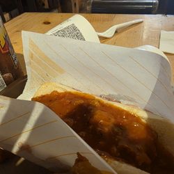 Snack Bar - A bit dark because of the lighting and my shadow, but this is their Hot Dog Michigan.