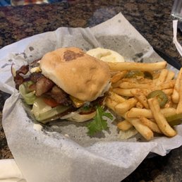 A burger my friend got, forgot the name but I remember that it had BBQ sauce on it or something like that... + specialty fries A burger my friend got, forgot the name but I remember that it had BBQ sauce on it or something like that... + specialty fries