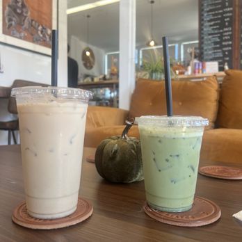 The Coffee Maker Cafe - Vaughn Woods Latte (left) & Moosehead Matcha (right) - Cafes Near Me - Freeport, Maine