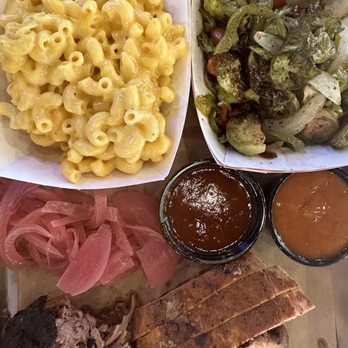 OAK'D BBQ - Two meat plate: prime brisket, smoked turkey, Brussels sprouts, Mac and cheese, sauce and pickled red onions - Barbeque Near Me - Addison, Texas OAK'D BBQ - Two meat plate: prime brisket, smoked turkey, Brussels sprouts, Mac and cheese, sauce and pickled red onions - Barbeque Near Me - Addison, Texas