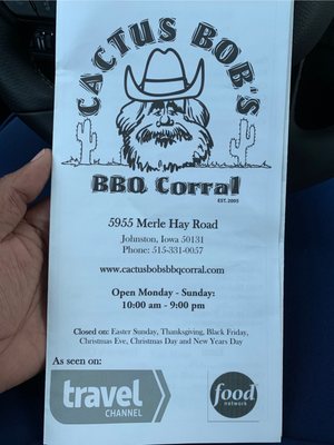 Menu photo 8 Cactus Bob's BBQ Corral Johnston, IA