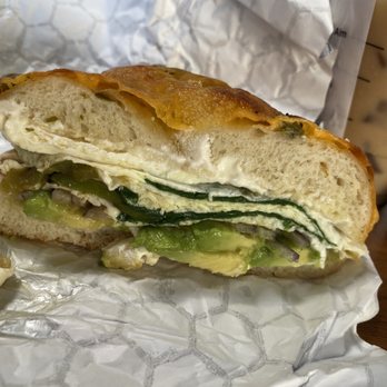 Shirley's Bagels - jalapeno cheddar egg white breakfast sandwich w cream cheese para la cruda!! soo goood - Bagels Near Me - Costa Mesa, California