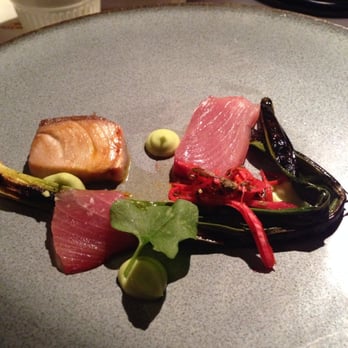 Chez TJ - Dish 4 (11/23/13) Wild Caught Hamachi - kimchee, avocado, scallion, onion, consomme - French Near Me - Mountain View, California