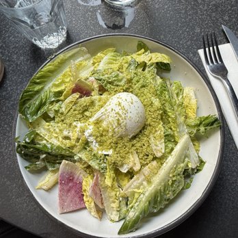 Hole In The Wall - FiDi - Green Caesar salad with poached egg - Breakfast & Brunch Near Me - New York, New York