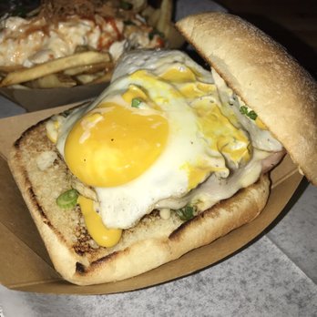 Block 16 - Croque Garçon burger and Crab Rangoon fries in the background. - American Near Me - Omaha, Nebraska