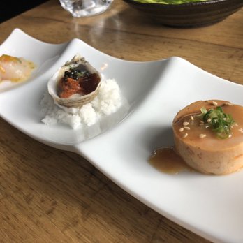 Moon Tree Sushi And Tapas - Right to Left : liver (9/10), oyster with caviar (10/10), snapper with black salt (9/10) - Sushi Bars Near Me - Seattle, Washington Moon Tree Sushi And Tapas - Right to Left : liver (9/10), oyster with caviar (10/10), snapper with black salt (9/10) - Sushi Bars Near Me - Seattle, Washington
