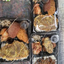 Bento #3 Meat Jun, fried fish, spam Bento #5 BBQ Chicken, chicken katsu, eggplant Jun Bento #3 Meat Jun, fried fish, spam Bento #5 BBQ Chicken, chicken katsu, eggplant Jun