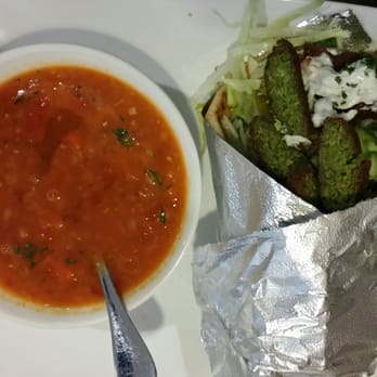 Cafe Moderno - Falafel wrap & tomato lentil soup. - Cafes Near Me - Montclair, California