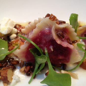 Boulevard - Beet pyramid ravioli, Cana d' Cabra goat cheese, toasted almonds and rye berries, extra virgin olive oil - New American Near Me - San Francisco, California Boulevard - Beet pyramid ravioli, Cana d' Cabra goat cheese, toasted almonds and rye berries, extra virgin olive oil - New American Near Me - San Francisco, California