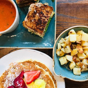 First Watch - Market Street Veggie w Tomato Soup (top left), Lemon Ricotta Pancakes (bottom left), home fries (right) - Breakfast & Brunch Near Me - Charlottesville, Virginia First Watch - Market Street Veggie w Tomato Soup (top left), Lemon Ricotta Pancakes (bottom left), home fries (right) - Breakfast & Brunch Near Me - Charlottesville, Virginia