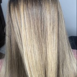 Spruced Hair & Lash - Base color gray coverage  blended to blonde balayage by Sarah.