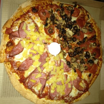Pizza Guys - Half pepperoni, mushroom and olives and half canadian bacon and pineapple - Pizza Near Me - Walnut Creek, California Pizza Guys - Half pepperoni, mushroom and olives and half canadian bacon and pineapple - Pizza Near Me - Walnut Creek, California