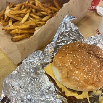 Five Guys - Double cheeseburger and a regular Cajun fry with a sweet tea - Burgers Near Me - League City, Texas