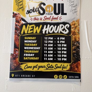 Sota Soul - Hours of the week - Soul Food Near Me - Saint Paul, Minnesota
