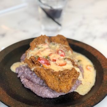 ApacheXLR - Fish and  Geechie Boy Grits with heirloom tomatoes & pepper gravy - Bars Near Me - Atlanta, Georgia