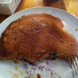 Absolute Bakery & Cafe - Blueberry pancakes (note the streaks of blueberry on the plate, and real maple syrup!)
