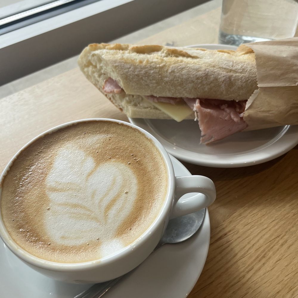 Fox in the Snow - Latte with oat milk, ham & cheese baguette. - Bakeries Near Me - Dublin, Ohio Fox in the Snow - Latte with oat milk, ham & cheese baguette. - Bakeries Near Me - Dublin, Ohio