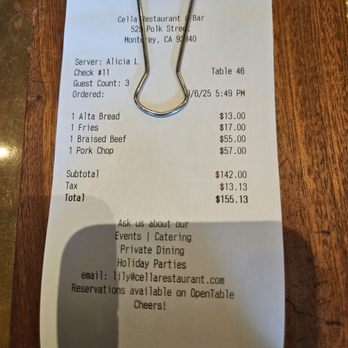 Cella Restaurant & Bar - check - New American Near Me - Monterey, California