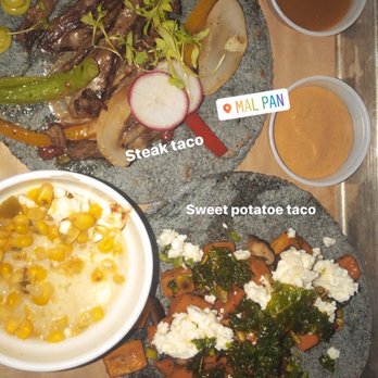 Mal Pan - Sweet potato taco. Steak taco. Street corn - Mexican Near Me - Charlotte, North Carolina Mal Pan - Sweet potato taco. Steak taco. Street corn - Mexican Near Me - Charlotte, North Carolina