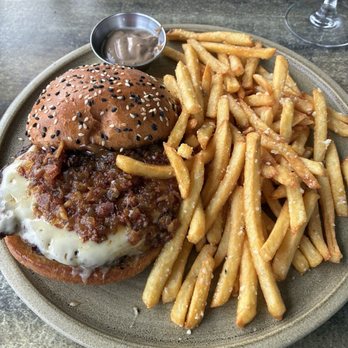 Plank's Tavern on the Water - Wagyu burger with caramelized onions. Didn't care for the truffle aoili though - New American Near Me - St. Joseph, Michigan Plank's Tavern on the Water - Wagyu burger with caramelized onions. Didn't care for the truffle aoili though - New American Near Me - St. Joseph, Michigan