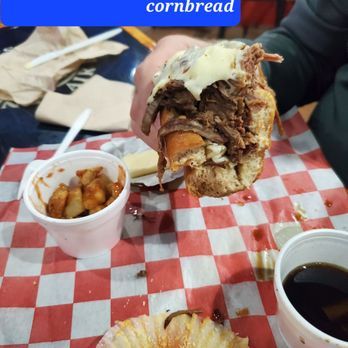 Smokin' This and That BBQ - The special for Dec.. brisket au jus. Tender, topped w/ cheese, tater bites, cornbread muffin tender crumb & sweet. - Barbeque Near Me - Florence, Kentucky Smokin' This and That BBQ - The special for Dec.. brisket au jus. Tender, topped w/ cheese, tater bites, cornbread muffin tender crumb & sweet. - Barbeque Near Me - Florence, Kentucky
