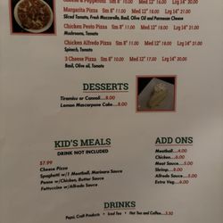 Menu - pizza, desserts, kids
