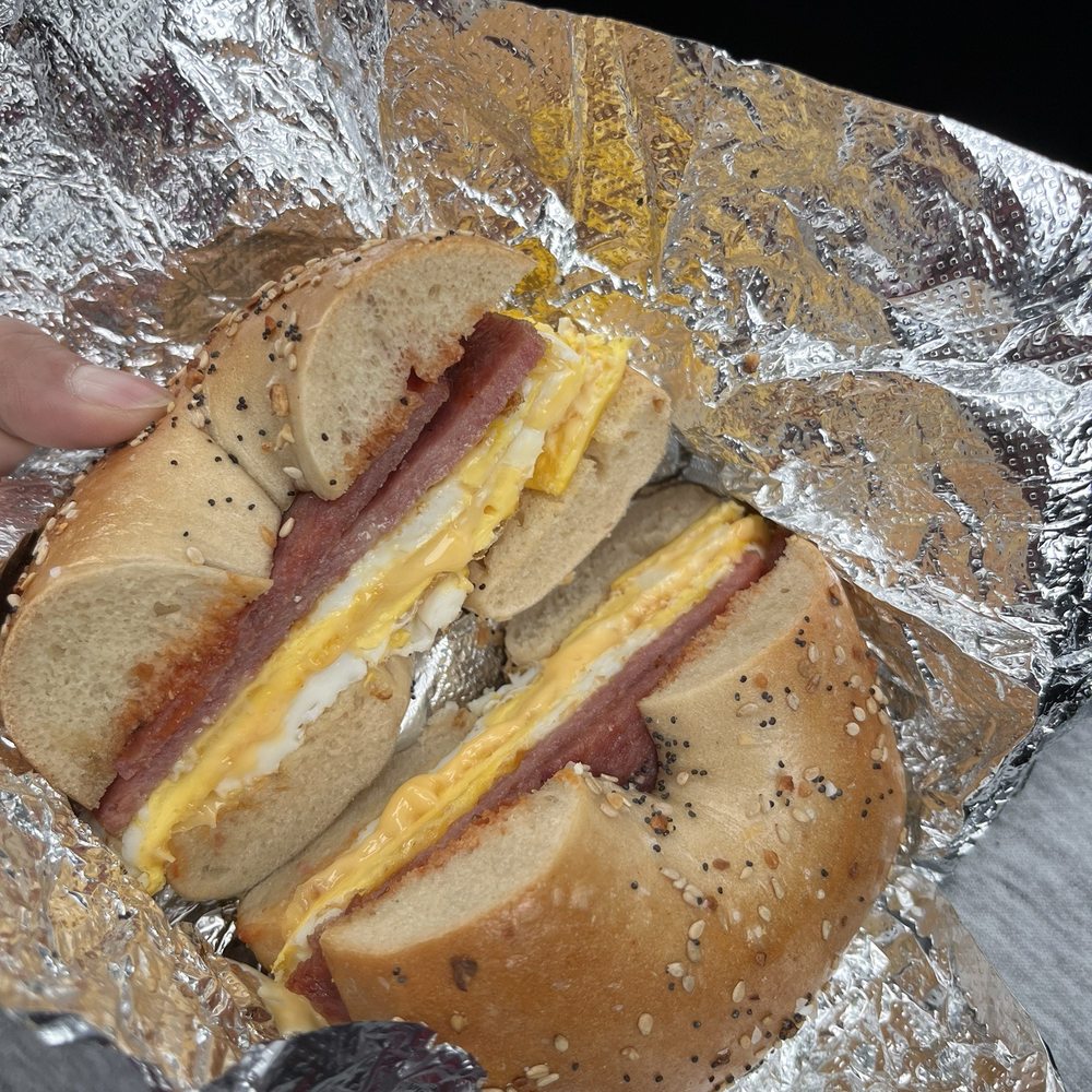 Taylor ham, egg and cheese, on an everything bagel Taylor ham, egg and cheese, on an everything bagel