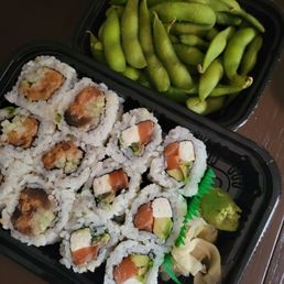 Edamame, Spicy Tuna Roll and Philadelphia Roll