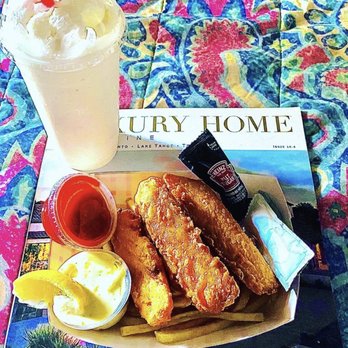 Char-Pit - Fish N Chips, Tartar Sauce, Lemon Wedge, Real Fresh Pineapple Shake - American Near Me - Kings Beach, California