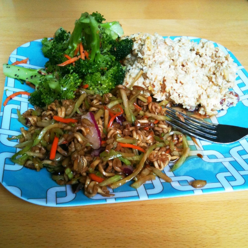 The Granola Jar - This is the "Three's Company" plate.  3 salads.  I picked the Vegetarian Protein Salad, Sesame Noodle Slaw, & poppy seed veggies - Bakeries Near Me - Evansville, Indiana