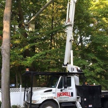 Haskell Tree Service - a white utility truck with a boom - Tree Services Near Me - West Falls, New York