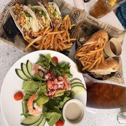 Lobster and shrimp salad, fish tacos, French dip Lobster and shrimp salad, fish tacos, French dip
