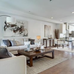 Design Box - Staged row home featuring modern furnishings with neutral color palette. Washington, DC