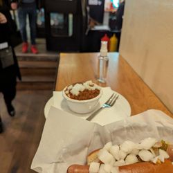 Mr. Hot Dog - Classic dog (with pickled jalapenos and onion topping of your own), + standard bowl of chili
