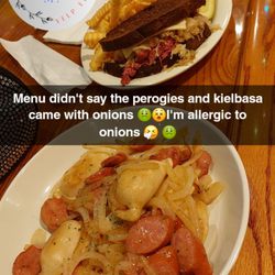 McGarrey's Oakwood Cafe - They don't list onions on the menu with this dish, if they did I NEVER would have ordered because I'm allergic.