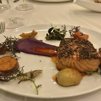 Ostra - Peppercorn Crusted Faroe Island Salmon ($40) - Seafood Near Me - Boston, Massachusetts Ostra - Peppercorn Crusted Faroe Island Salmon ($40) - Seafood Near Me - Boston, Massachusetts