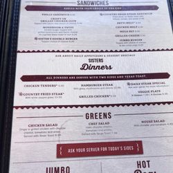 Sister's Family Restaurant - Sisters menu